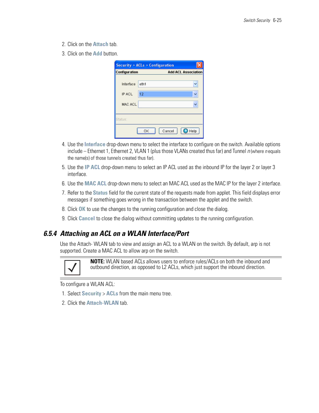 Motorola WS5100 manual Attaching an ACL on a Wlan Interface/Port, Click on the Attach tab Click on the Add button 