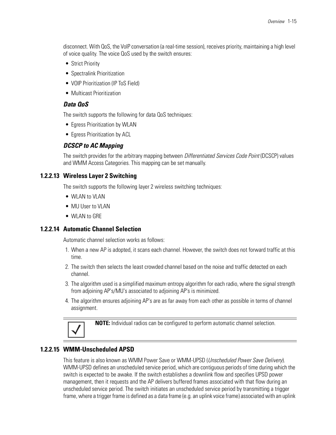 Motorola WS5100 manual Data QoS, Dcscp to AC Mapping, Wireless Layer 2 Switching, Automatic Channel Selection 