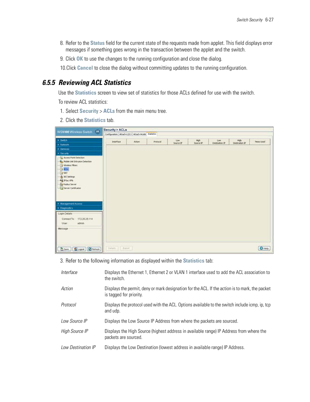 Motorola WS5100 manual Reviewing ACL Statistics 