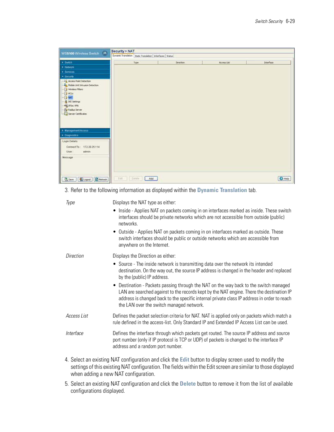 Motorola WS5100 manual Type Displays the NAT type as either, Networks, Anywhere on the Internet, By the public IP address 