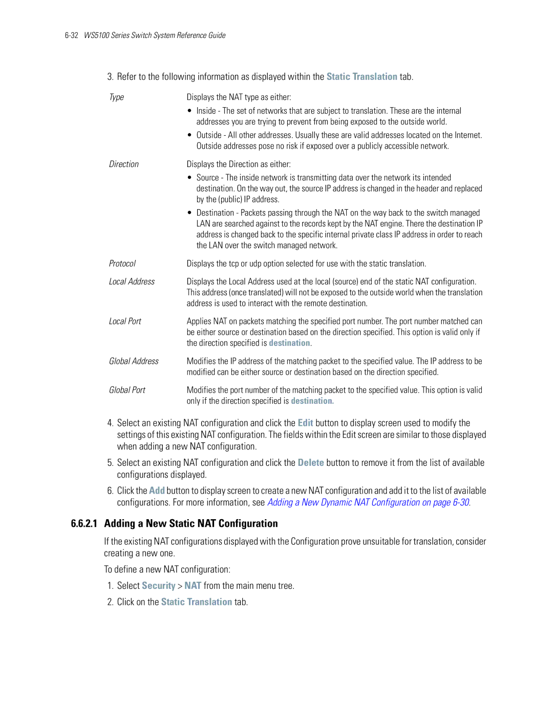 Motorola WS5100 manual Adding a New Static NAT Configuration, Click on the Static Translation tab 