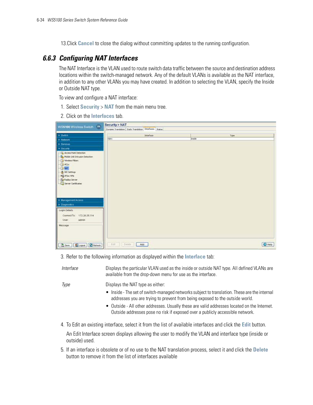 Motorola WS5100 manual Configuring NAT Interfaces, Available from the drop-down menu for use as the interface 