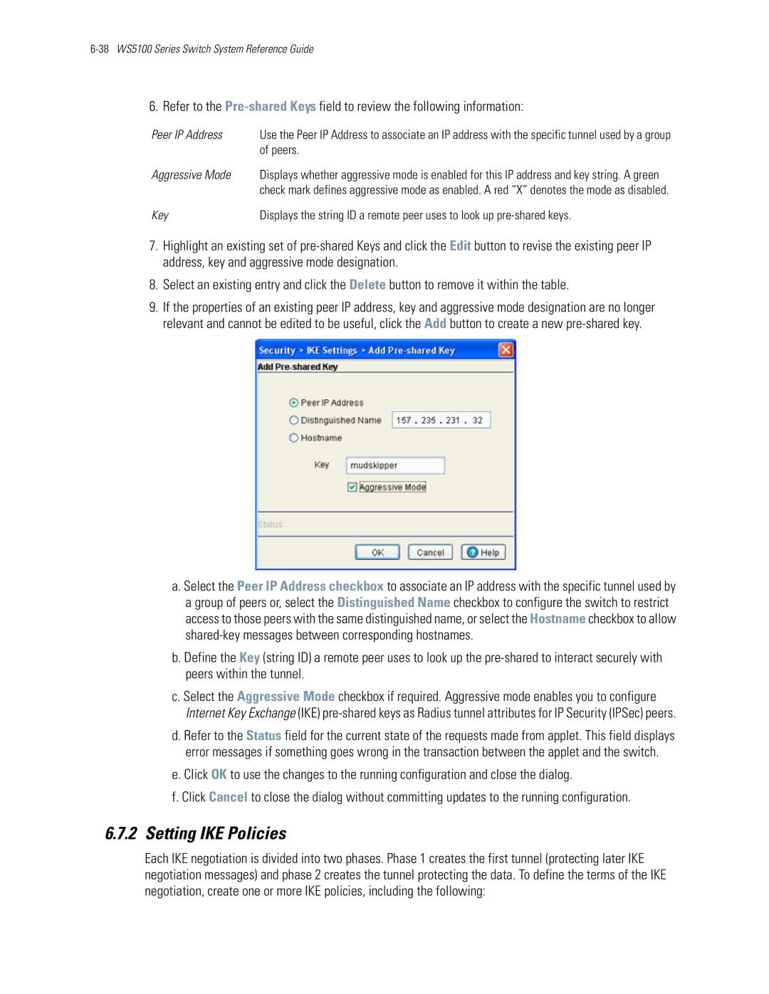 Motorola WS5100 manual Setting IKE Policies, Peer IP Address, Peers, Aggressive Mode 