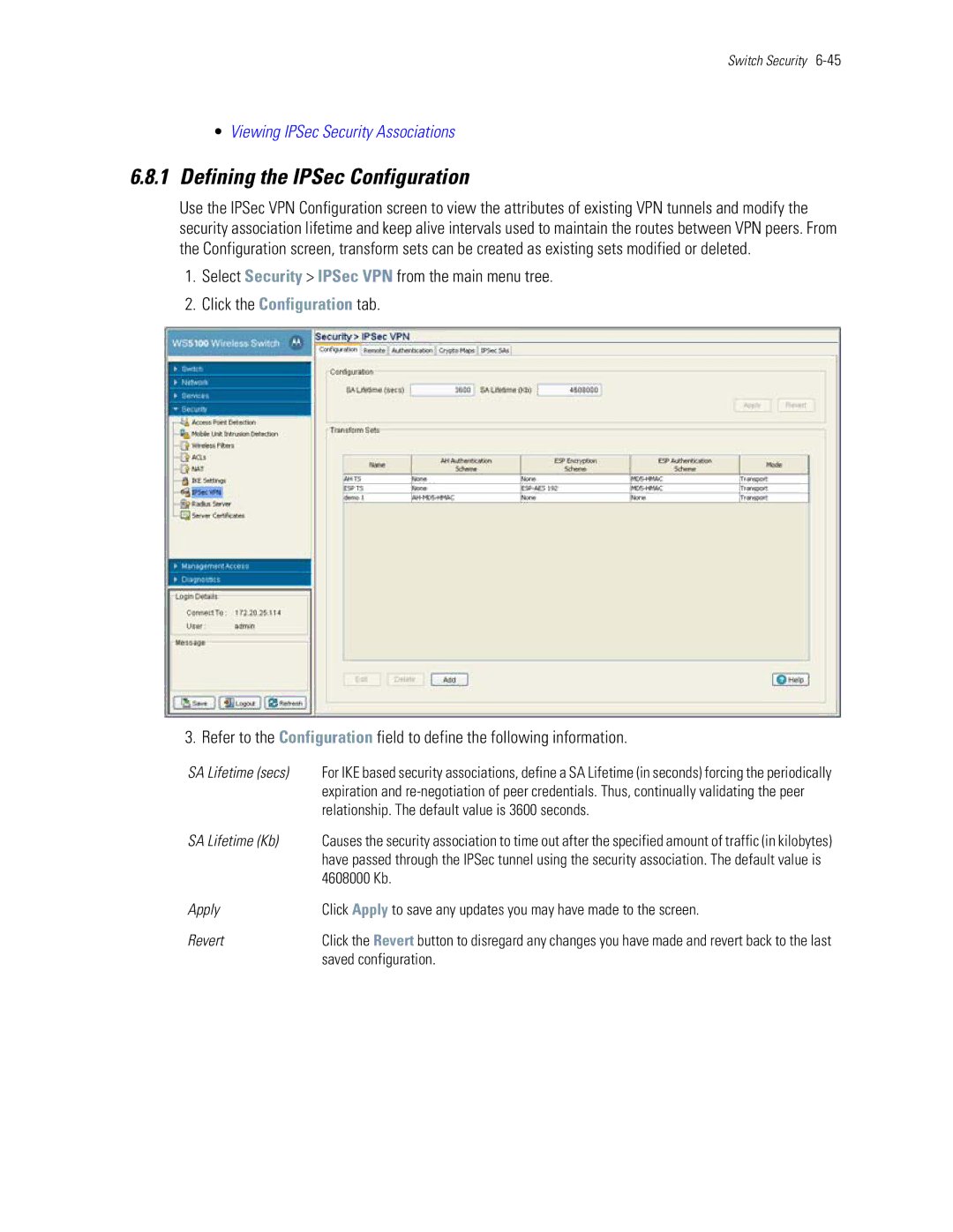 Motorola WS5100 manual Defining the IPSec Configuration 