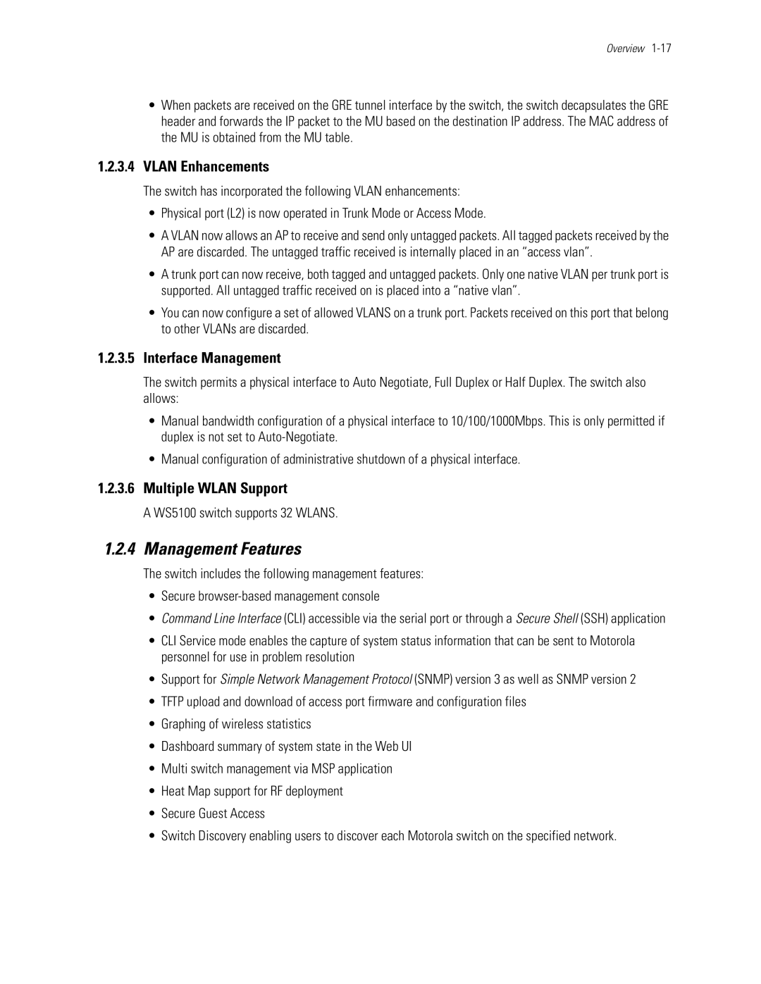 Motorola WS5100 manual Management Features, Vlan Enhancements, Interface Management, Multiple Wlan Support 