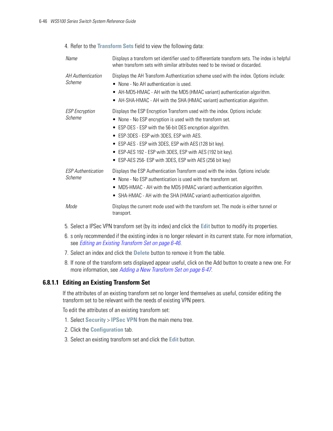 Motorola WS5100 manual Editing an Existing Transform Set, Transport 