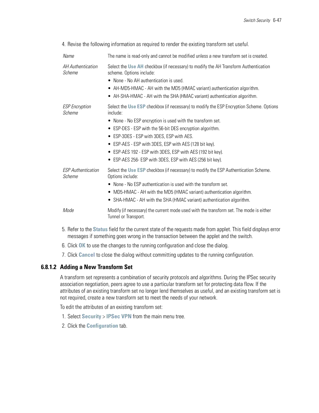 Motorola WS5100 manual Adding a New Transform Set, AH Authentication, ESP Encryption, Tunnel or Transport 