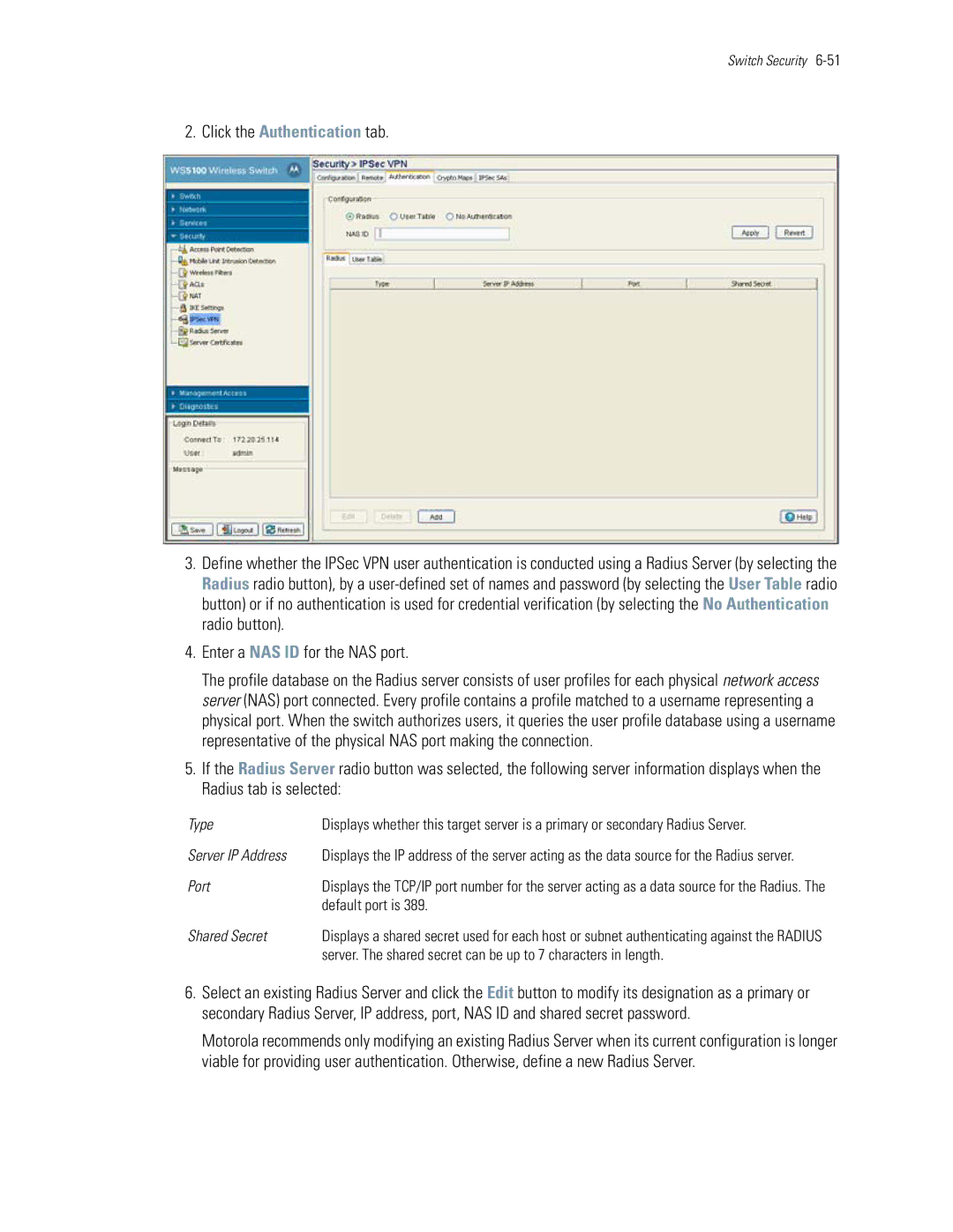 Motorola WS5100 manual Click the Authentication tab, Port, Default port is, Shared Secret 