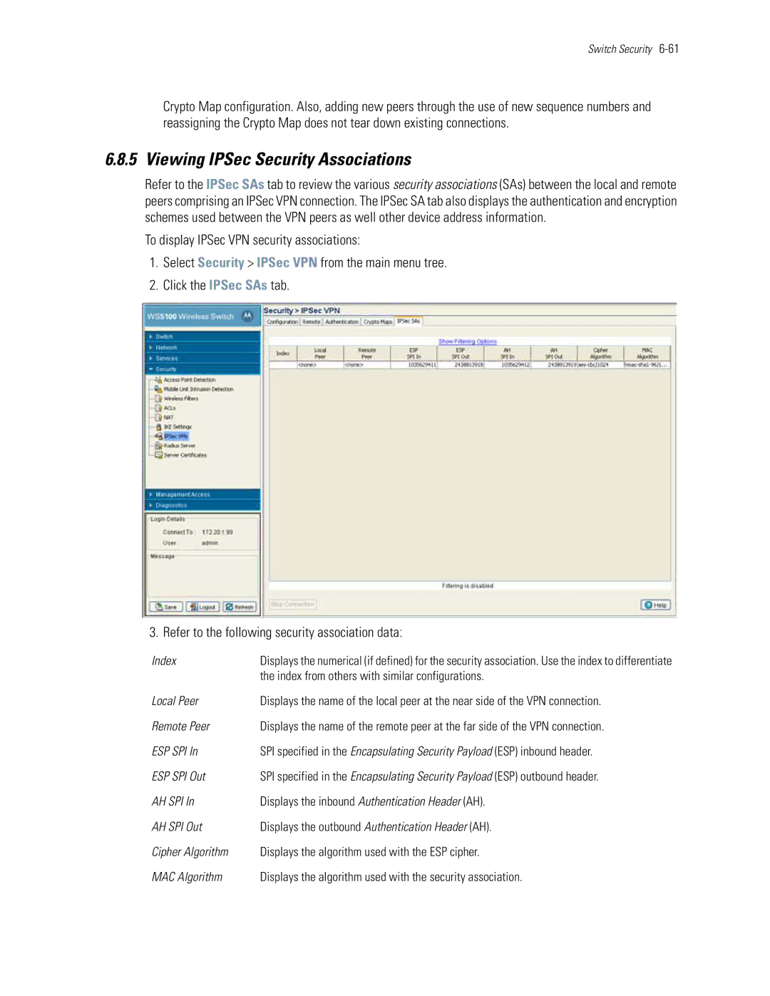 Motorola WS5100 manual Viewing IPSec Security Associations, Index from others with similar configurations 