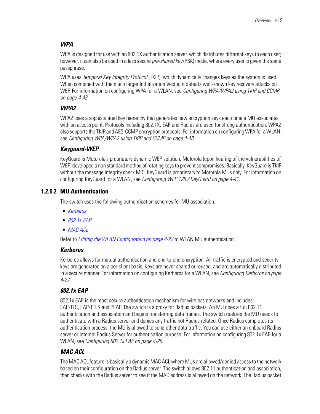 Motorola WS5100 manual Keyguard-WEP, MU Authentication, Kerberos, 802.1x EAP 