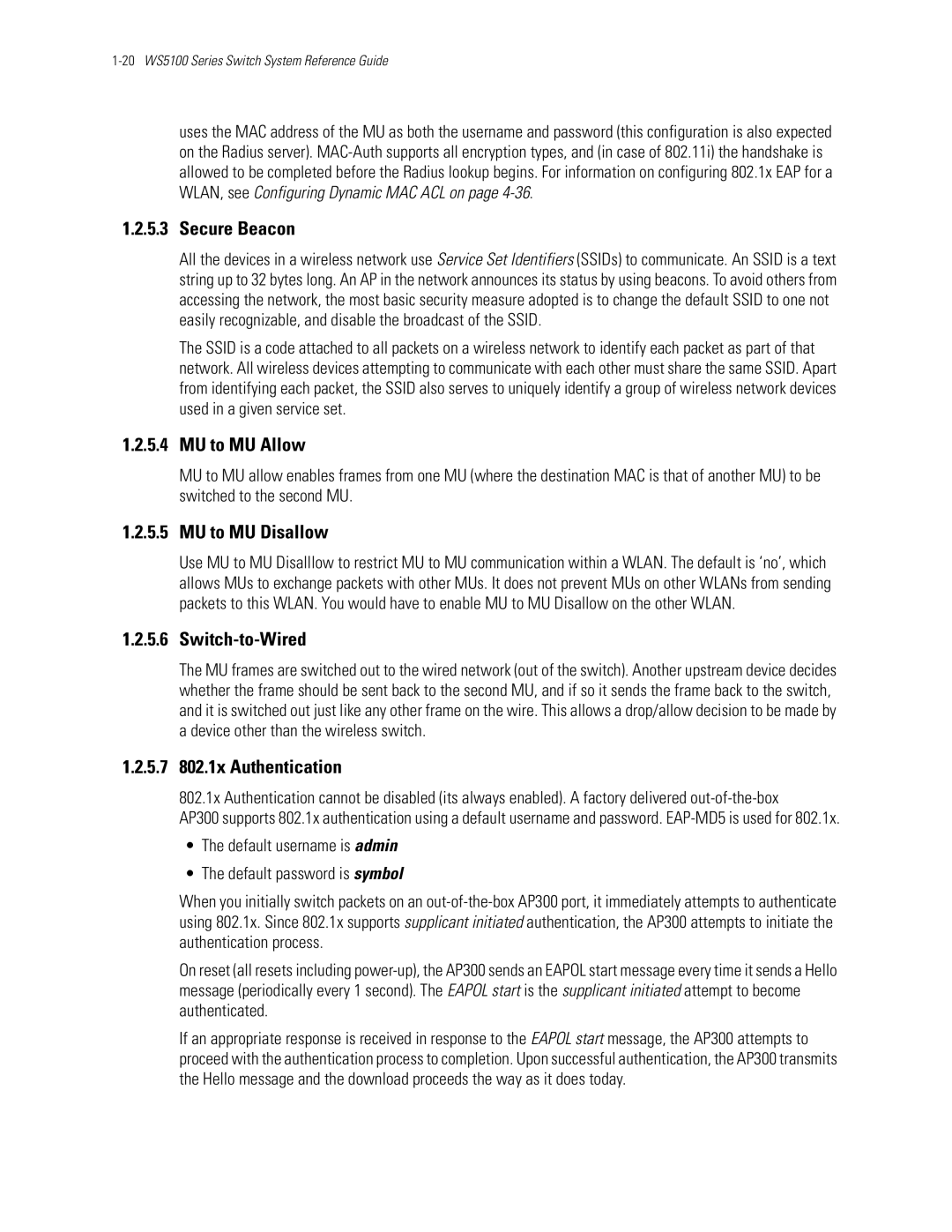 Motorola WS5100 manual Secure Beacon, MU to MU Allow, MU to MU Disallow, Switch-to-Wired, 5.7 802.1x Authentication 