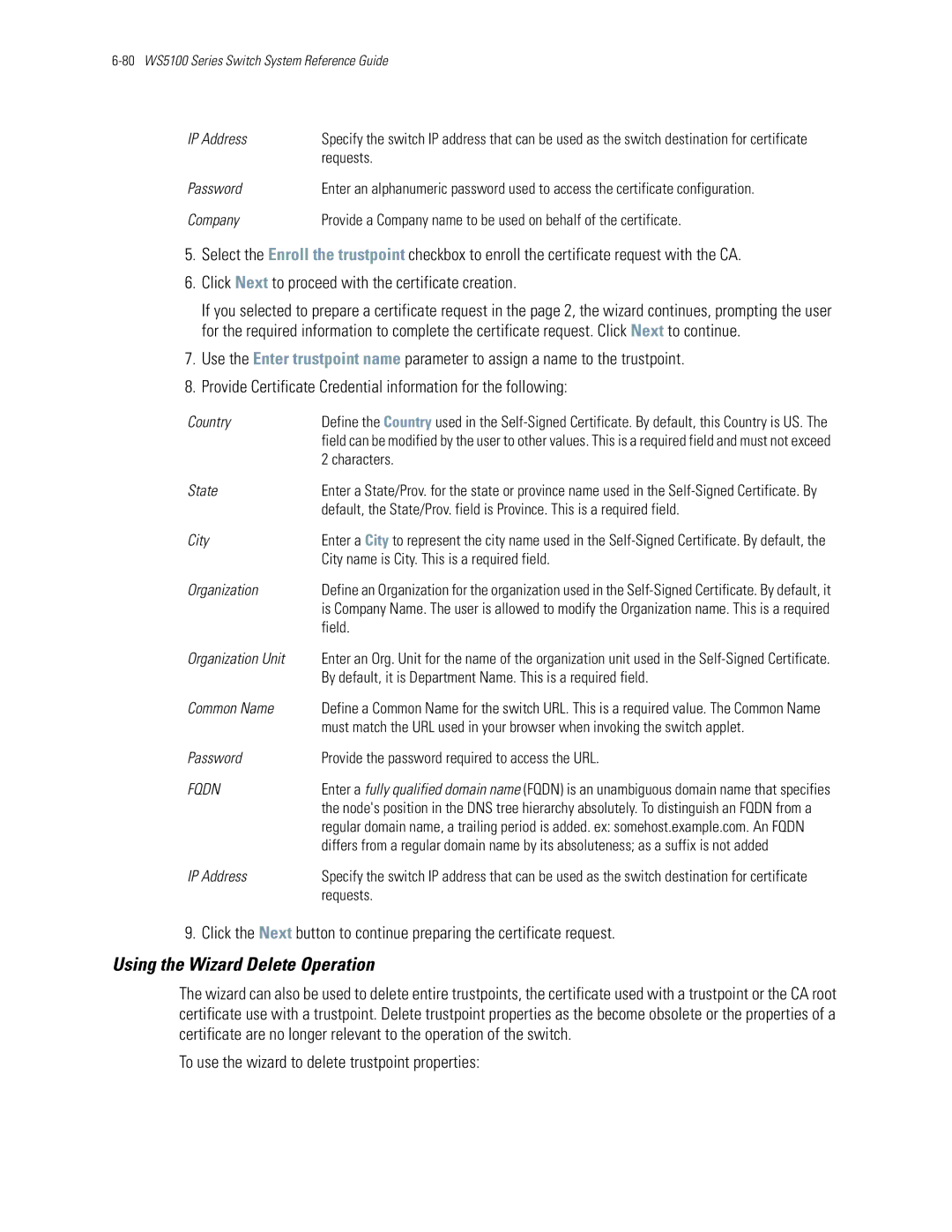 Motorola WS5100 manual Using the Wizard Delete Operation, To use the wizard to delete trustpoint properties, Requests 