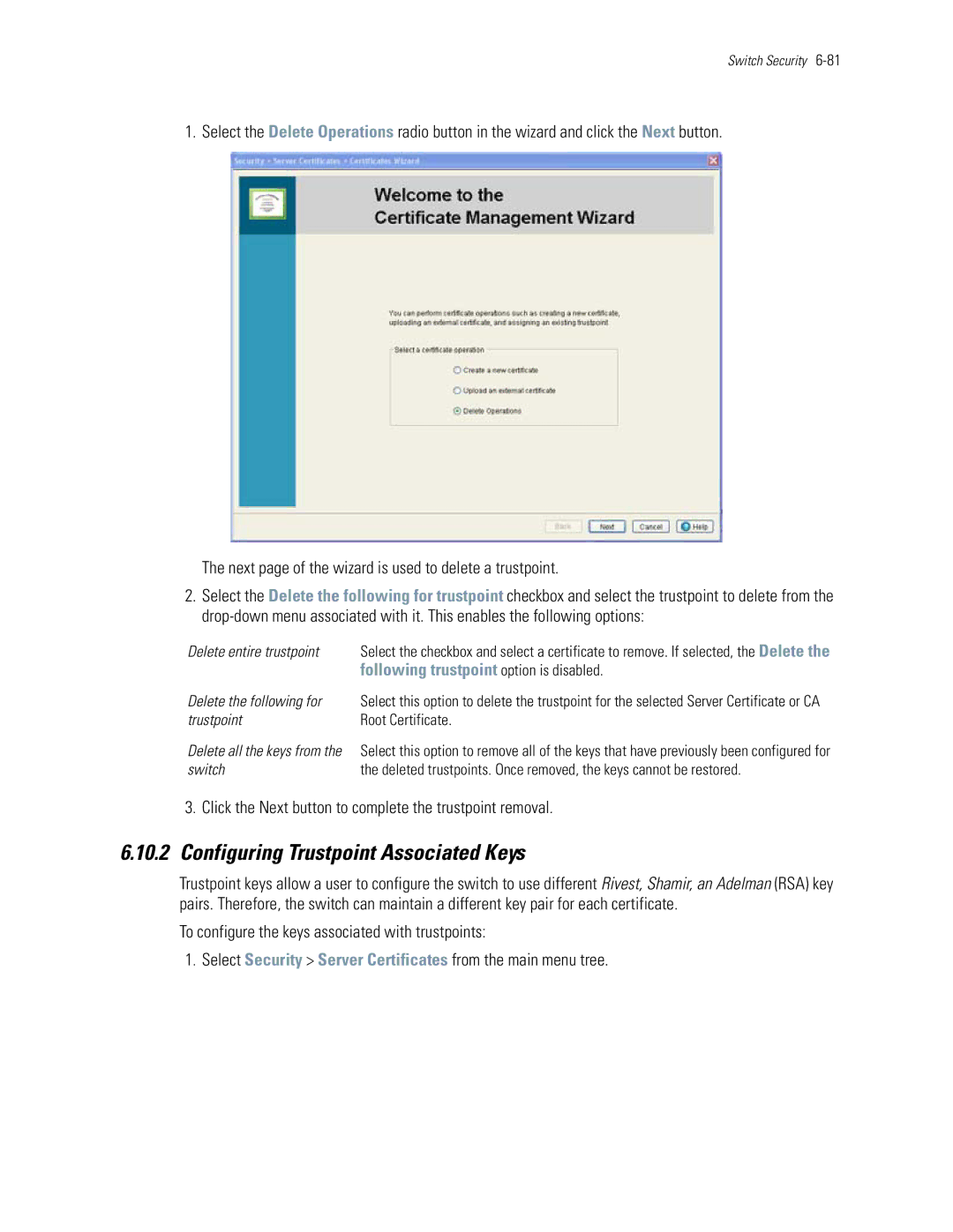 Motorola WS5100 manual Configuring Trustpoint Associated Keys, Click the Next button to complete the trustpoint removal 