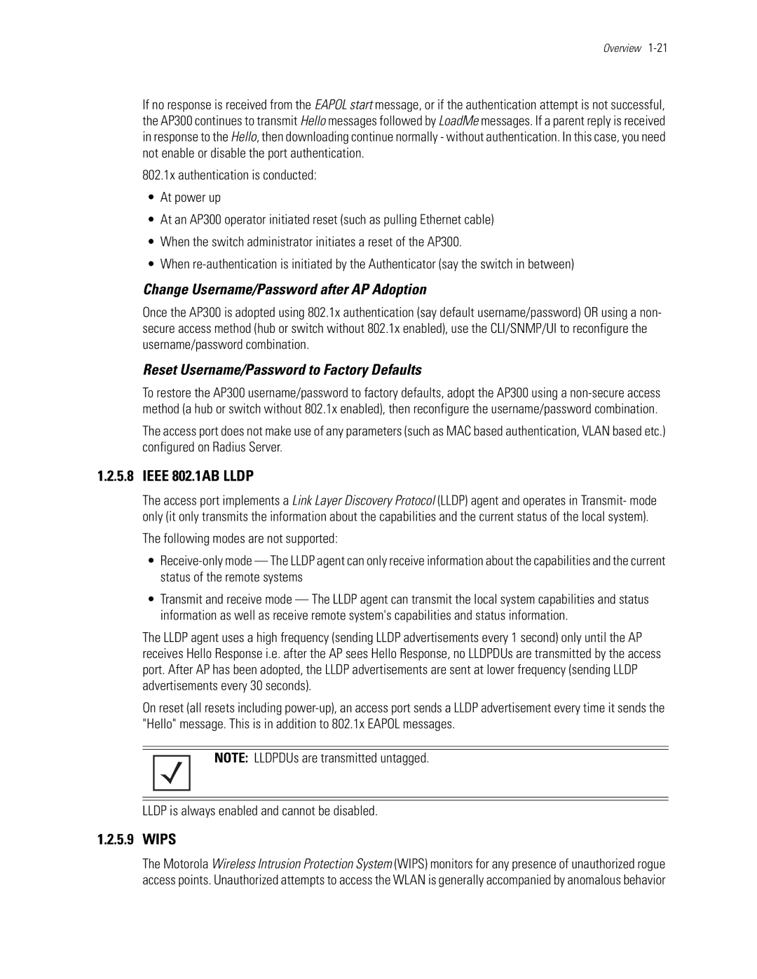 Motorola WS5100 Change Username/Password after AP Adoption, Reset Username/Password to Factory Defaults, Ieee 802.1AB Lldp 