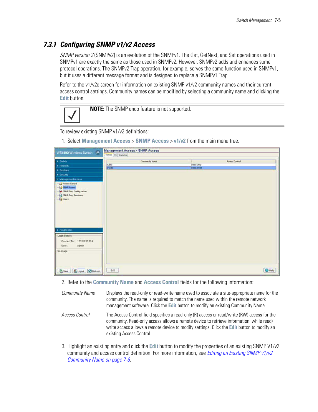 Motorola WS5100 manual Configuring Snmp v1/v2 Access, Community Name, Access Control 