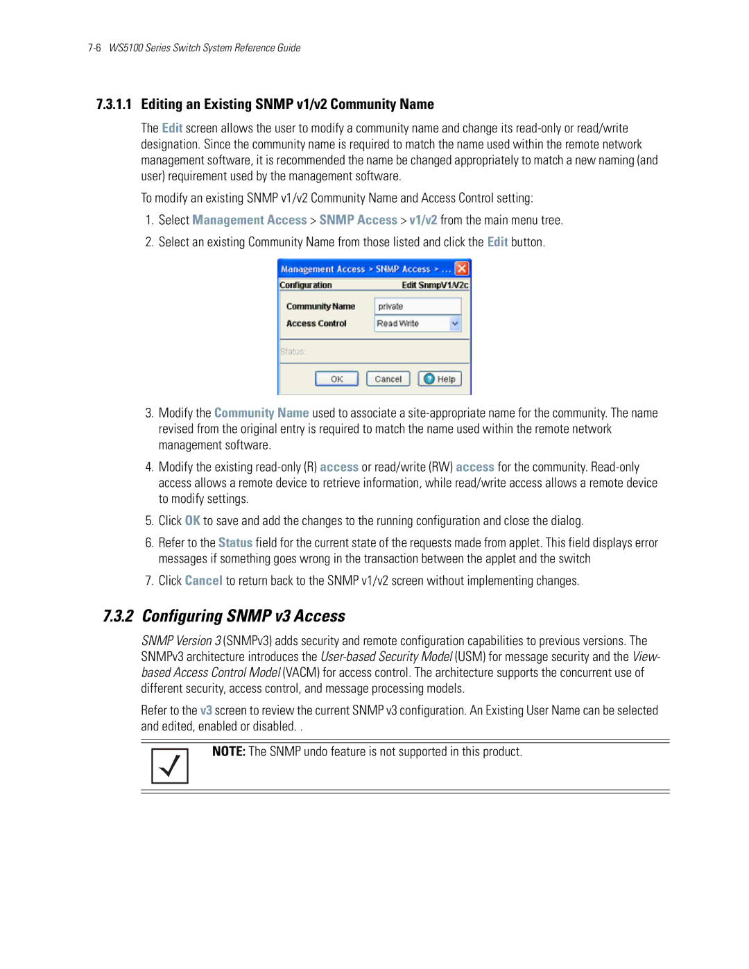 Motorola WS5100 manual Configuring Snmp v3 Access, Editing an Existing Snmp v1/v2 Community Name 