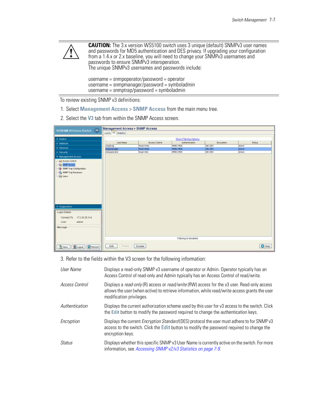 Motorola WS5100 manual Unique SNMPv3 usernames and passwords include, User Name 