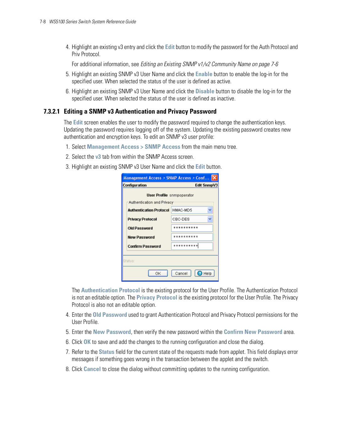 Motorola WS5100 manual Editing a Snmp v3 Authentication and Privacy Password 