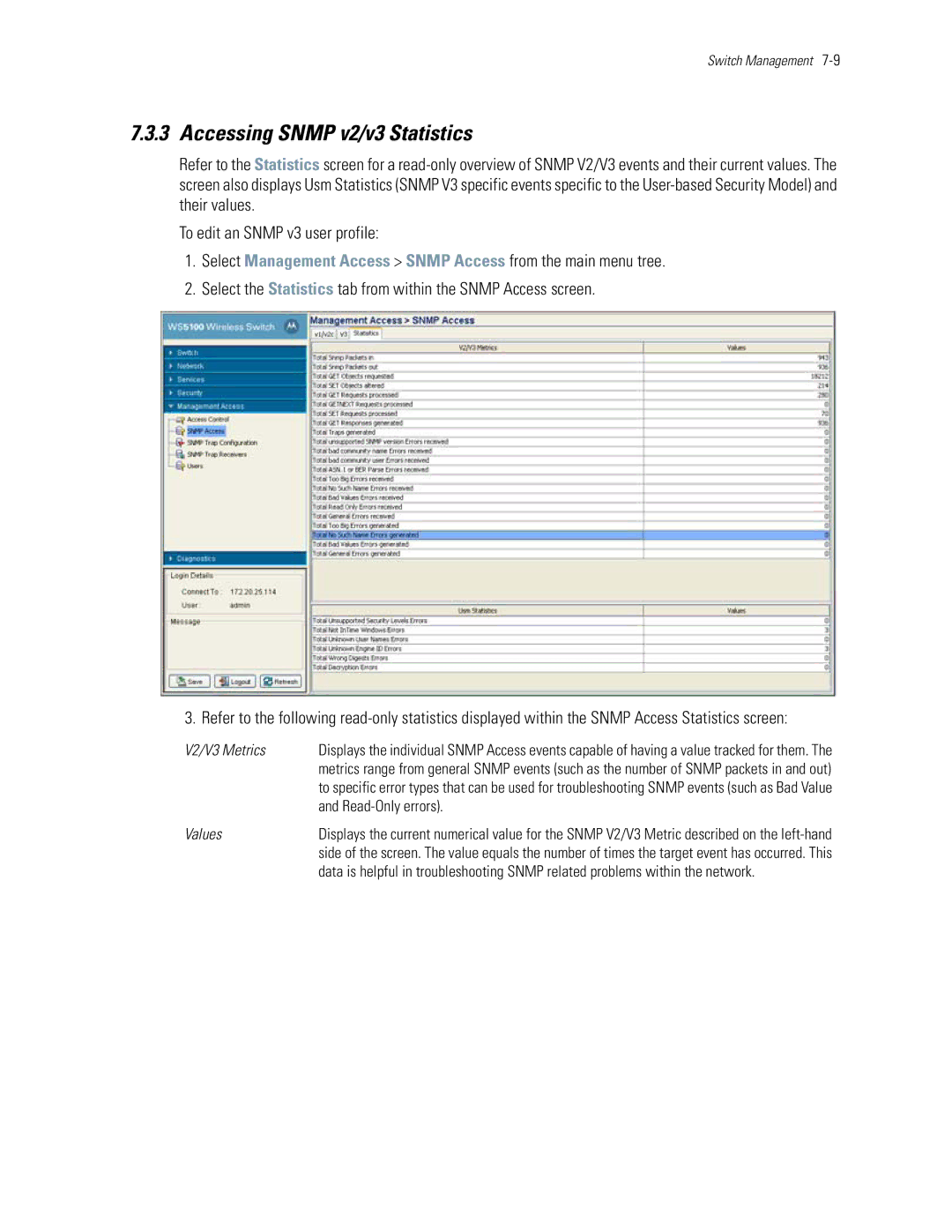 Motorola WS5100 manual Accessing Snmp v2/v3 Statistics, V2/V3 Metrics, Read-Only errors 