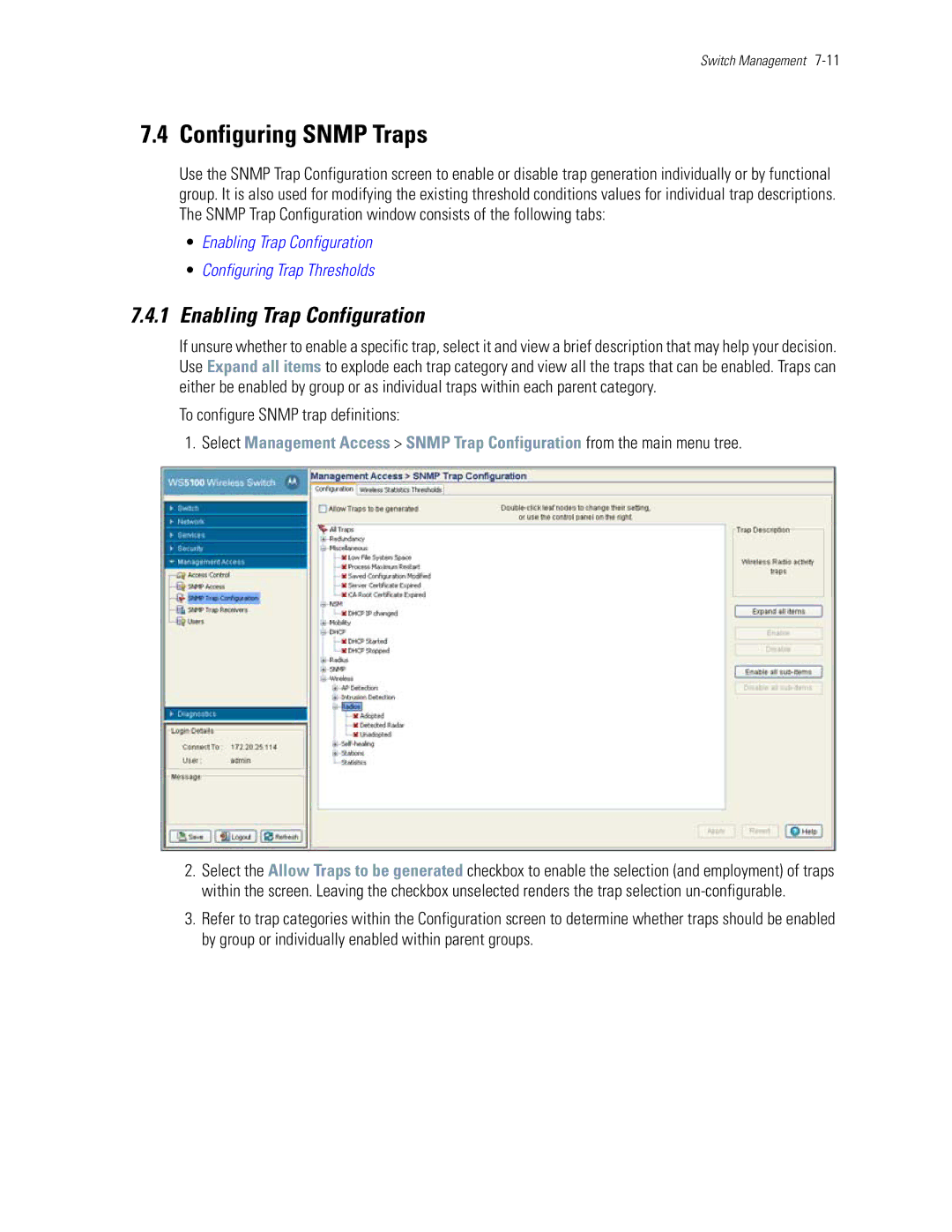 Motorola WS5100 manual Configuring Snmp Traps, Enabling Trap Configuration, To configure Snmp trap definitions 