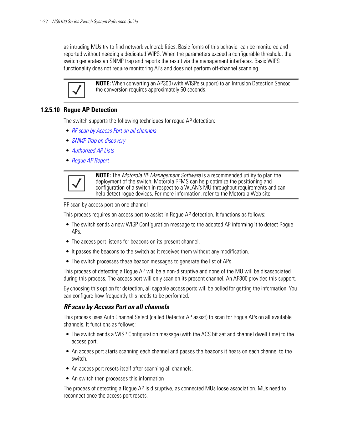 Motorola WS5100 manual Rogue AP Detection, RF scan by Access Port on all channels 