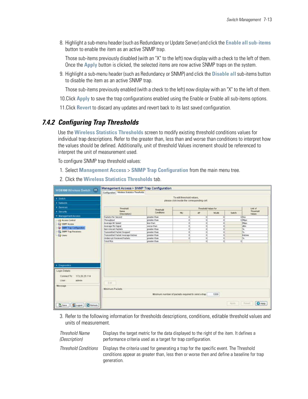 Motorola WS5100 manual Configuring Trap Thresholds, To configure Snmp trap threshold values, Threshold Name, Generation 