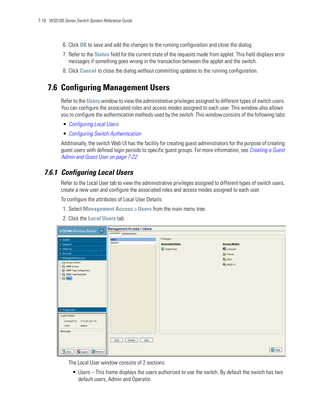 Motorola WS5100 manual Configuring Management Users, Configuring Local Users 