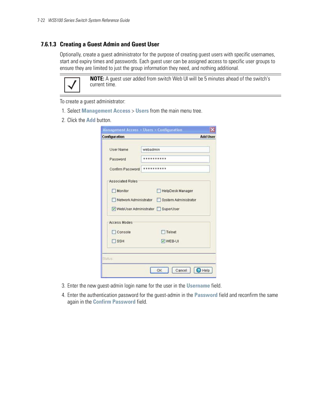 Motorola WS5100 manual Creating a Guest Admin and Guest User 