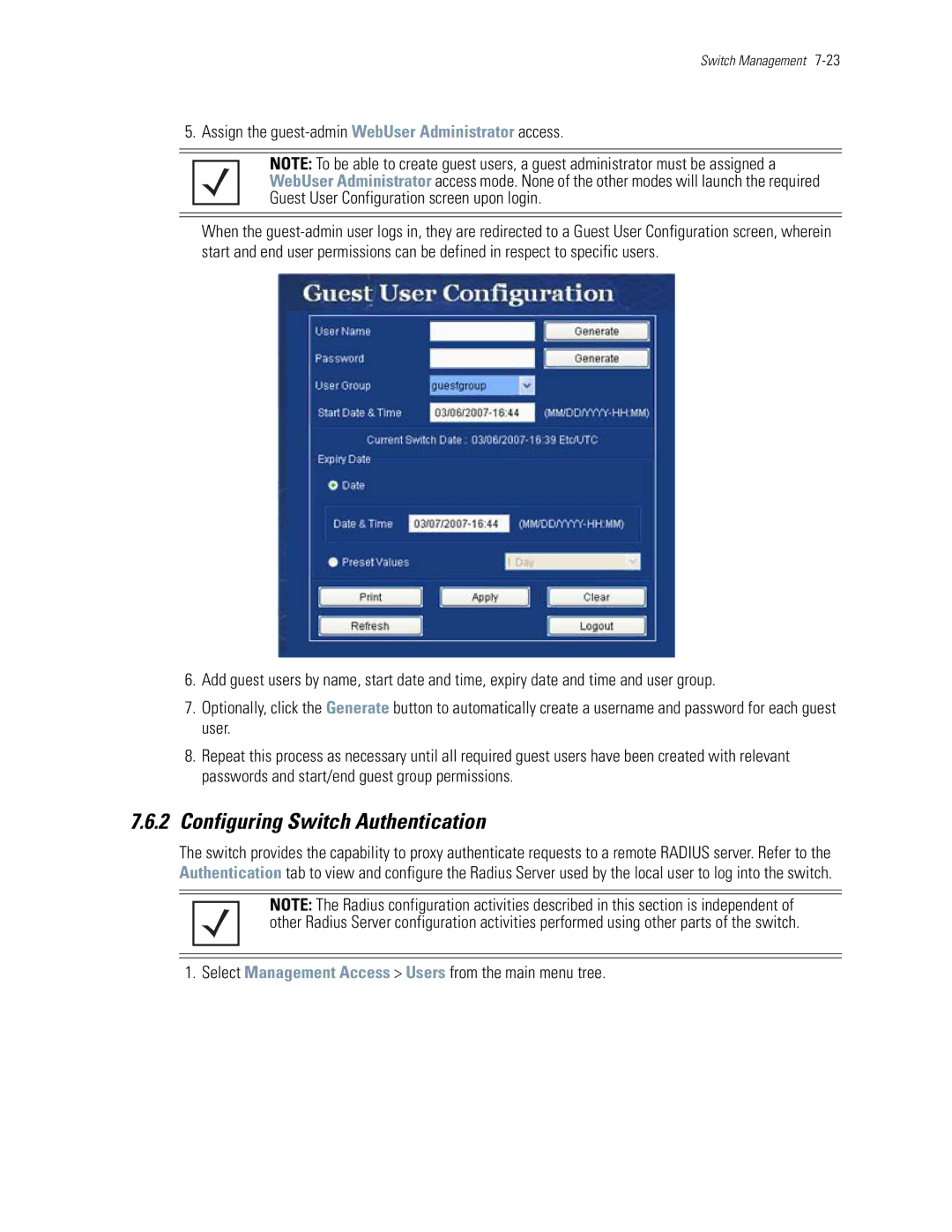 Motorola WS5100 manual Configuring Switch Authentication, Assign the guest-admin WebUser Administrator access 