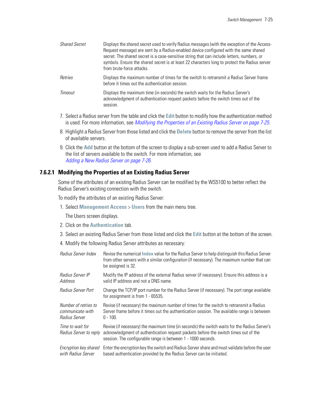 Motorola WS5100 manual Modifying the Properties of an Existing Radius Server 