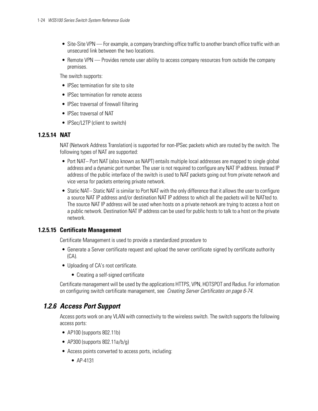 Motorola WS5100 manual Access Port Support, 5.14 NAT, Certificate Management 