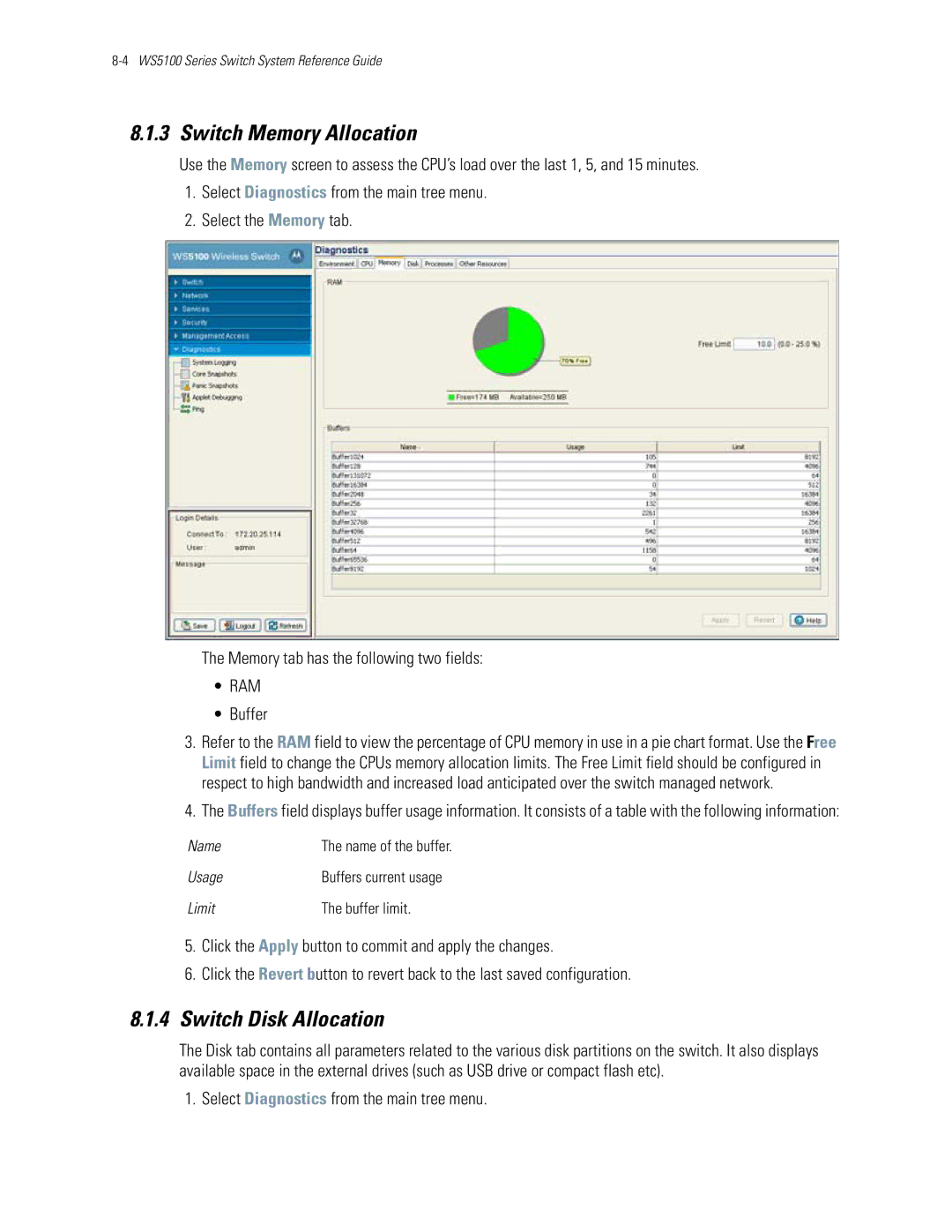 Motorola WS5100 manual Switch Memory Allocation, Switch Disk Allocation, Usage, Limit Buffer limit 