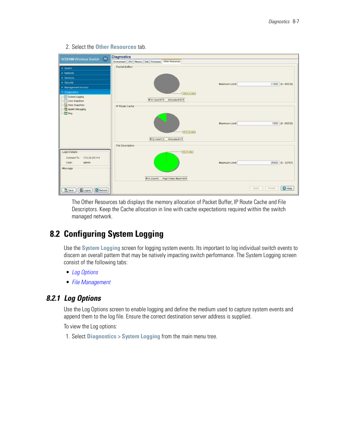 Motorola WS5100 manual Configuring System Logging, Log Options, Select the Other Resources tab 