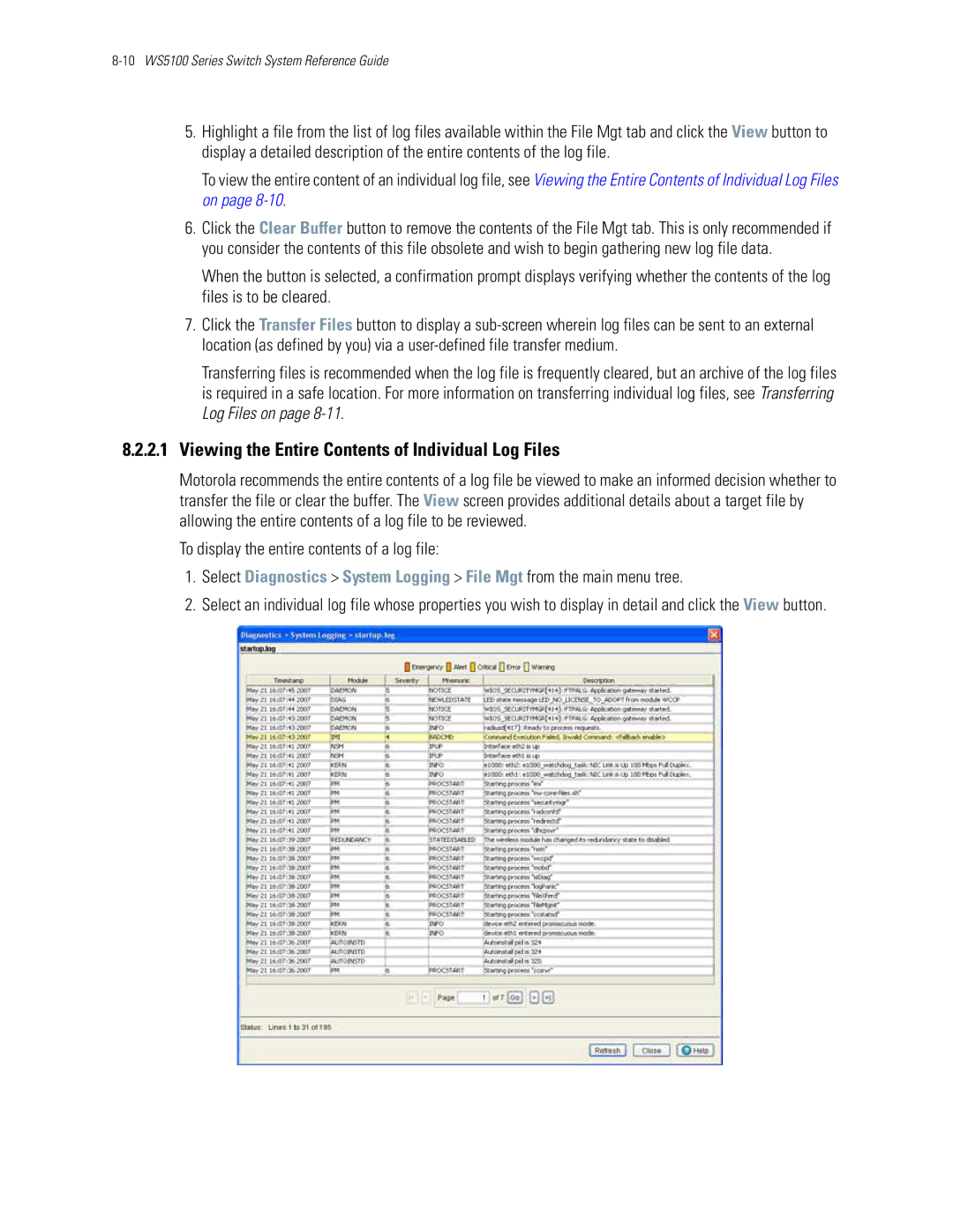 Motorola WS5100 manual Viewing the Entire Contents of Individual Log Files 