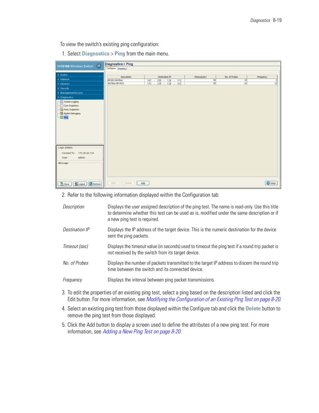 Motorola WS5100 manual New ping test is required, Sent the ping packets, Timeout sec, No. of Probes 