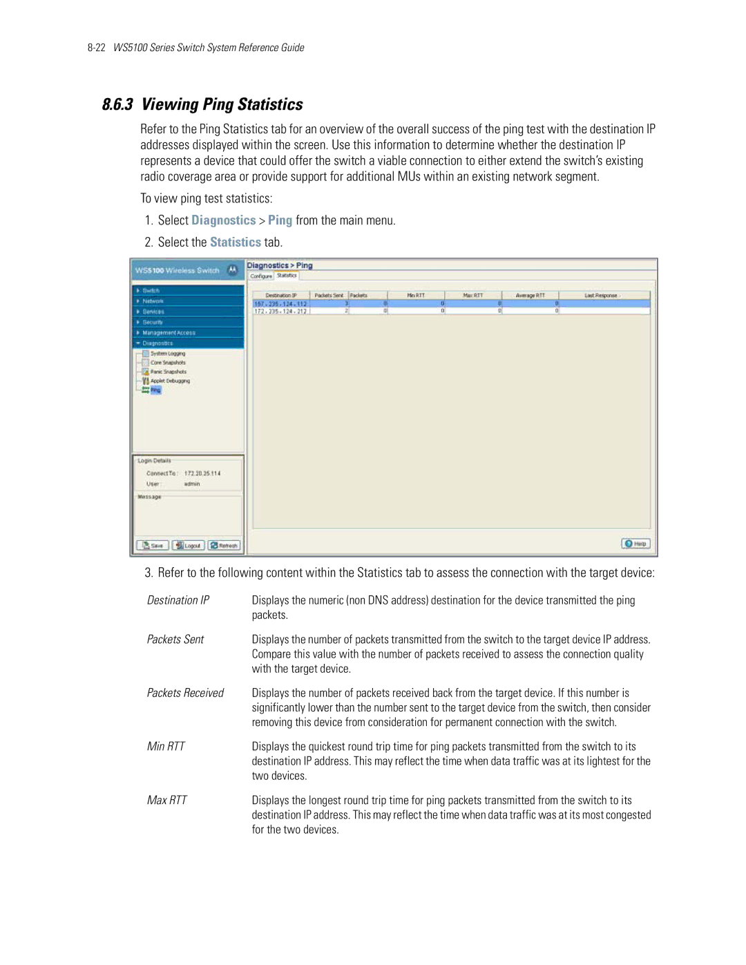 Motorola WS5100 manual Viewing Ping Statistics 