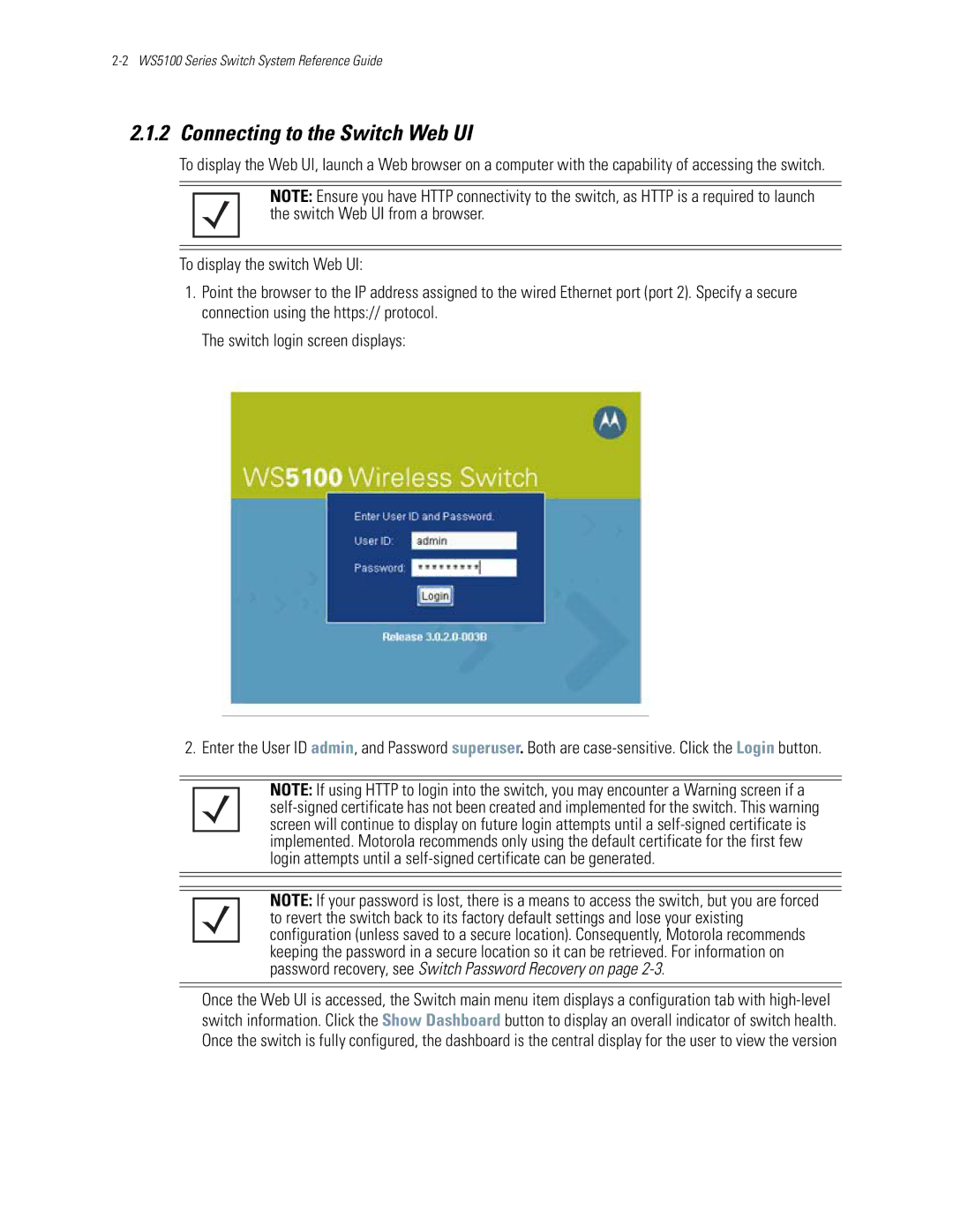 Motorola WS5100 manual Connecting to the Switch Web UI 