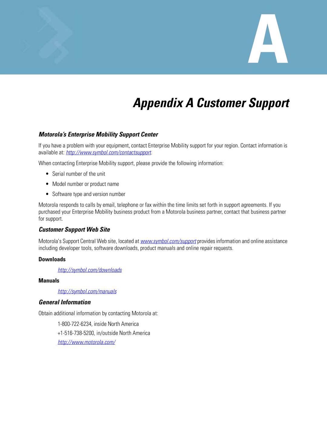 Motorola WS5100 manual Motorola’s Enterprise Mobility Support Center, Customer Support Web Site, General Information 