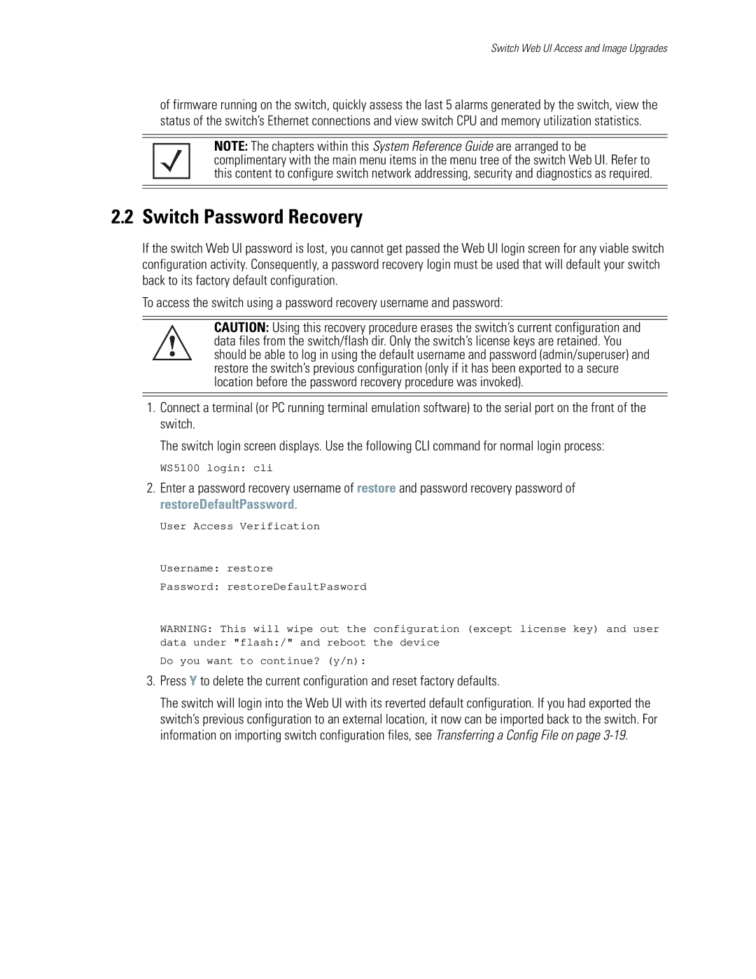 Motorola WS5100 manual Switch Password Recovery, Switch Web UI Access and Image Upgrades 