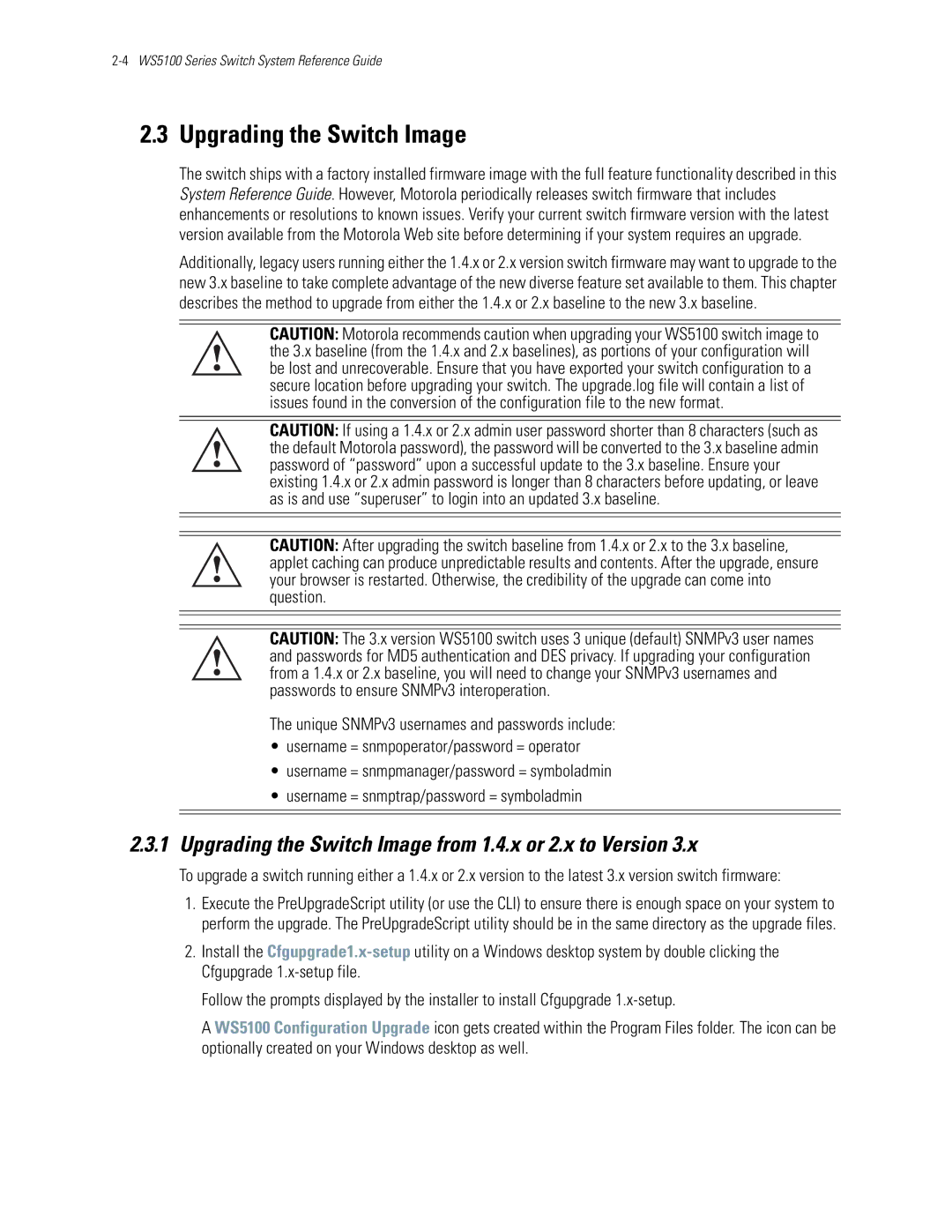 Motorola WS5100 manual Upgrading the Switch Image from 1.4.x or 2.x to Version 