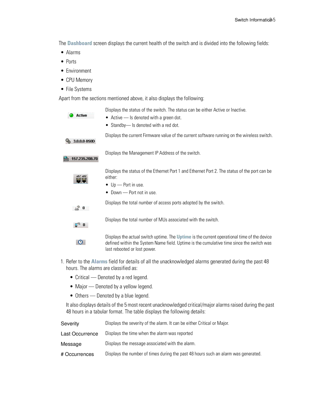 Motorola WS5100 manual Severity Last Occurrence Message # Occurrences 