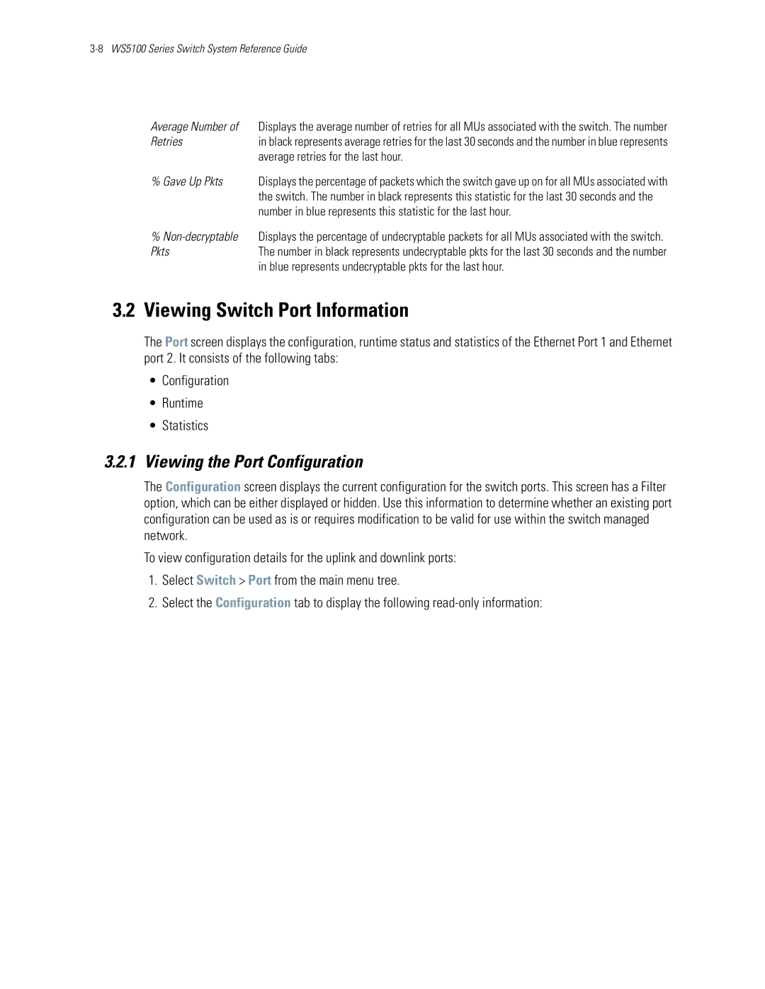 Motorola WS5100 manual Viewing Switch Port Information, Viewing the Port Configuration 