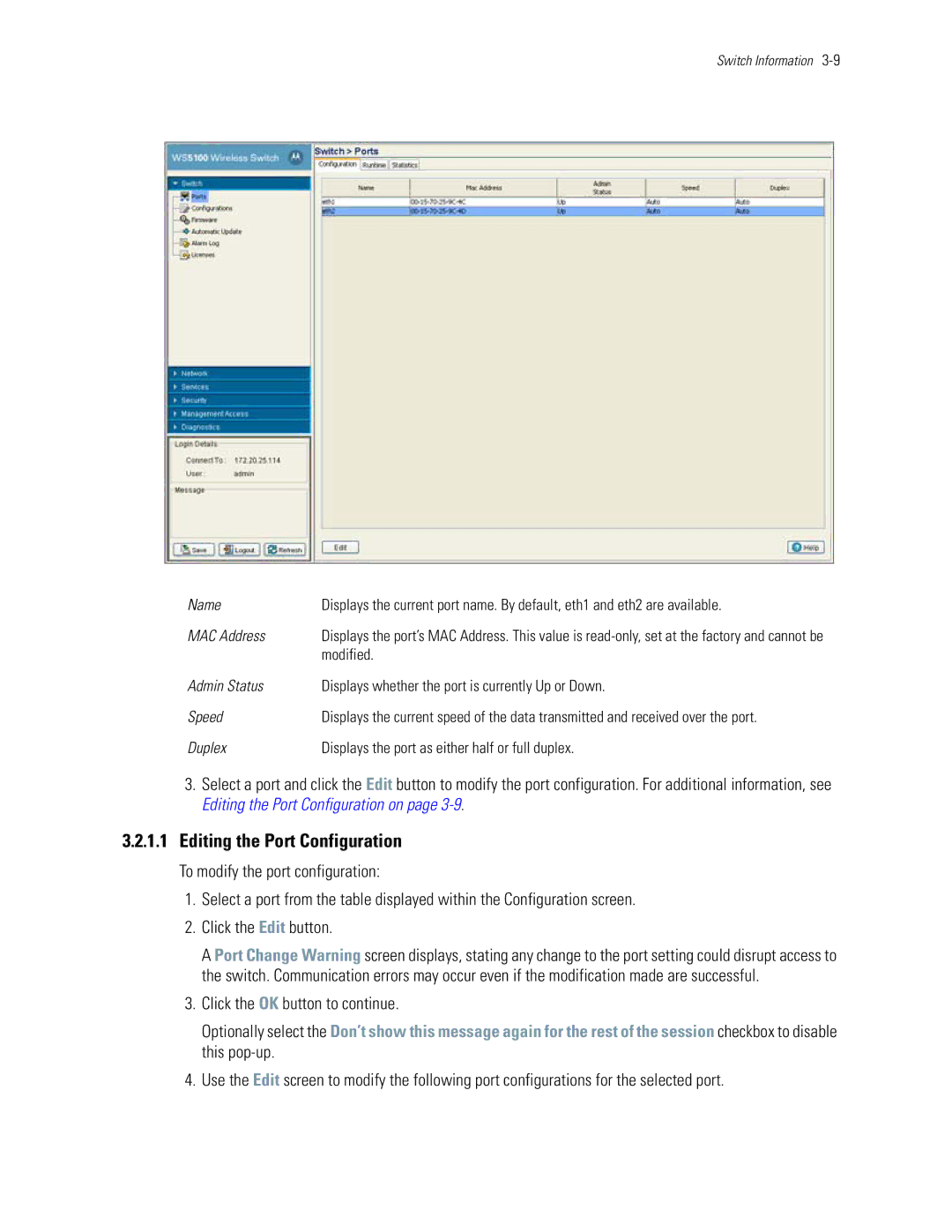 Motorola WS5100 manual Editing the Port Configuration, Modified, Duplex Displays the port as either half or full duplex 