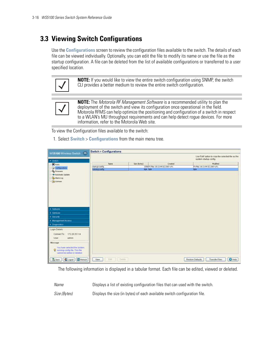 Motorola WS5100 manual Viewing Switch Configurations, Size Bytes 