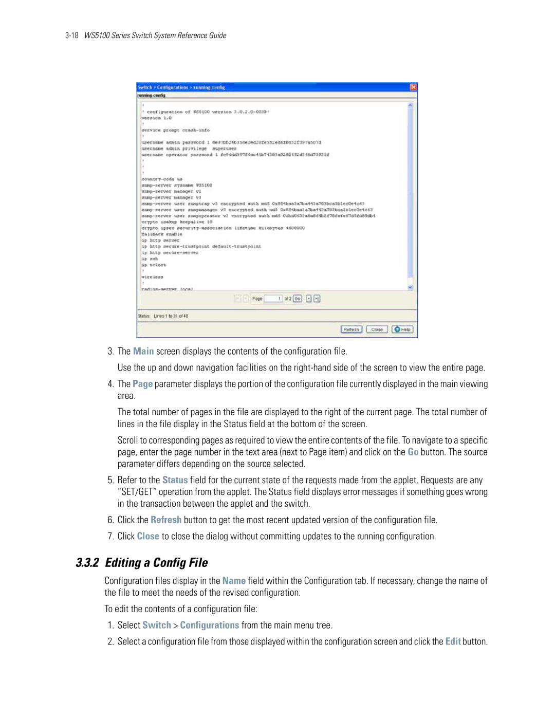 Motorola WS5100 manual Editing a Config File, Main screen displays the contents of the configuration file 