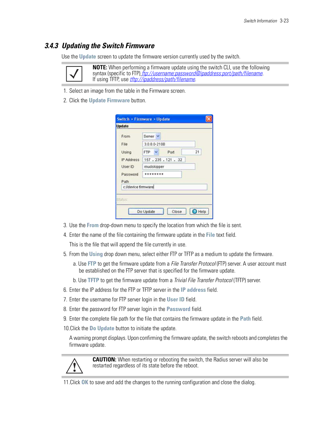 Motorola WS5100 manual Updating the Switch Firmware, If using TFTP, use tftp//ipaddress/path/filename 