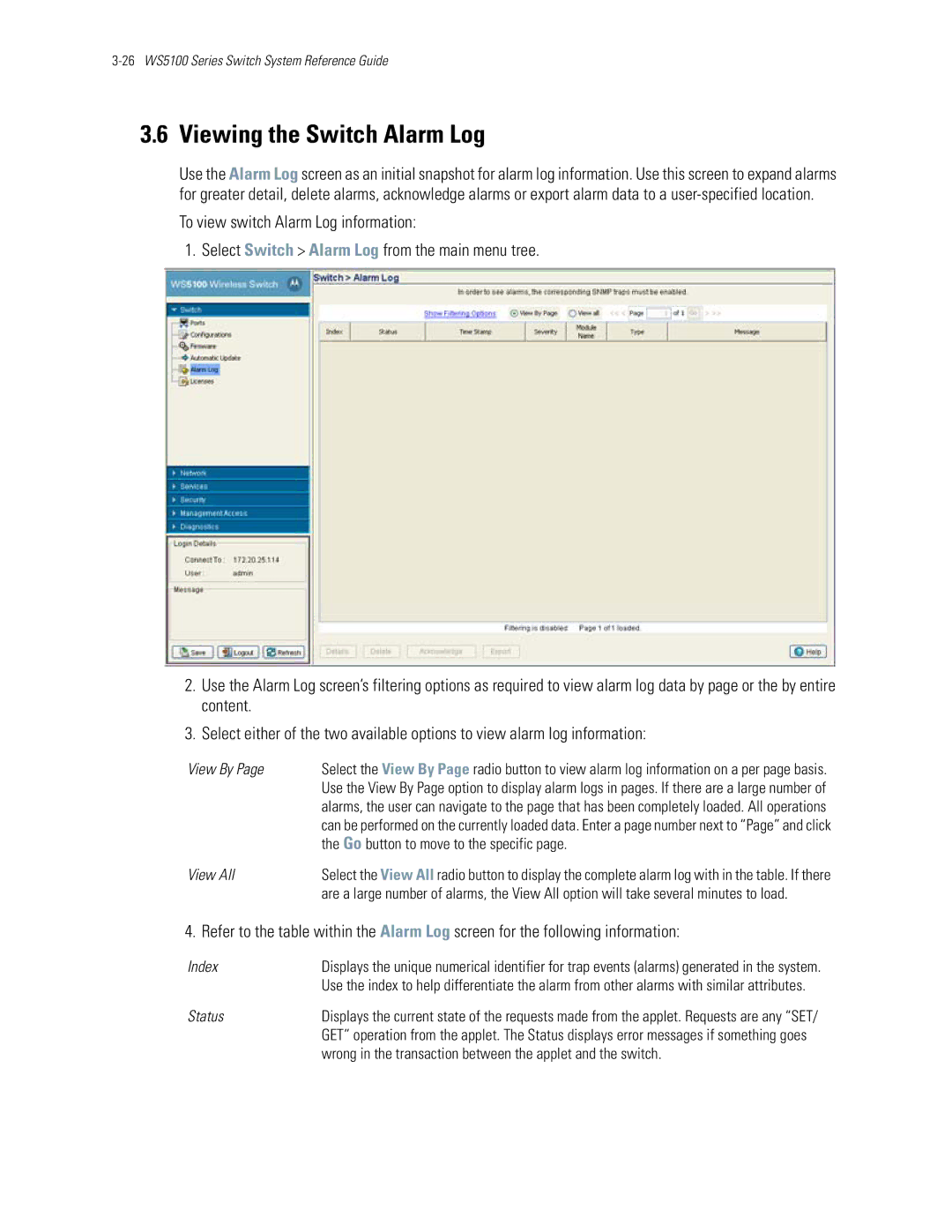 Motorola WS5100 manual Viewing the Switch Alarm Log, View By, View All, Index 