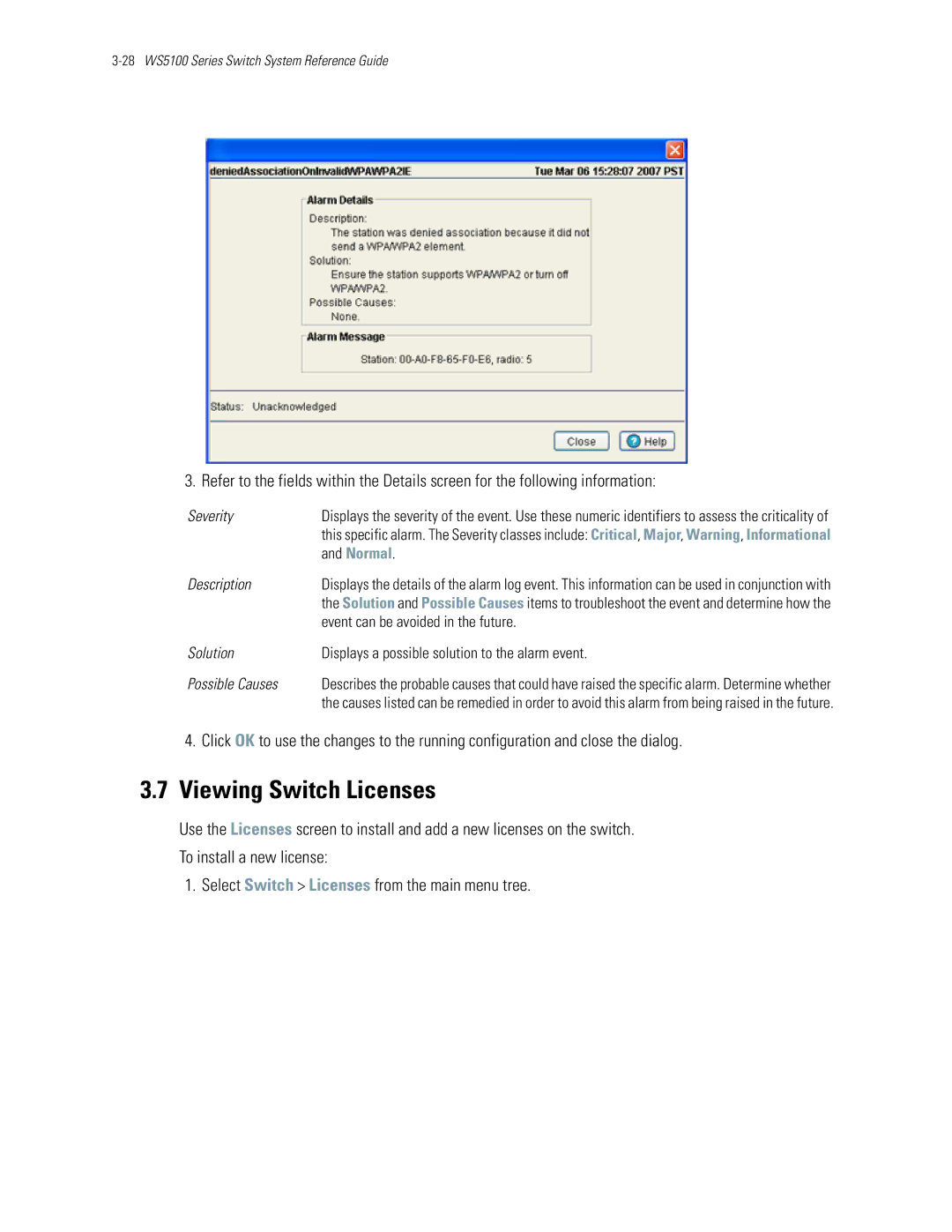 Motorola WS5100 manual Viewing Switch Licenses, Description, Solution, Possible Causes 