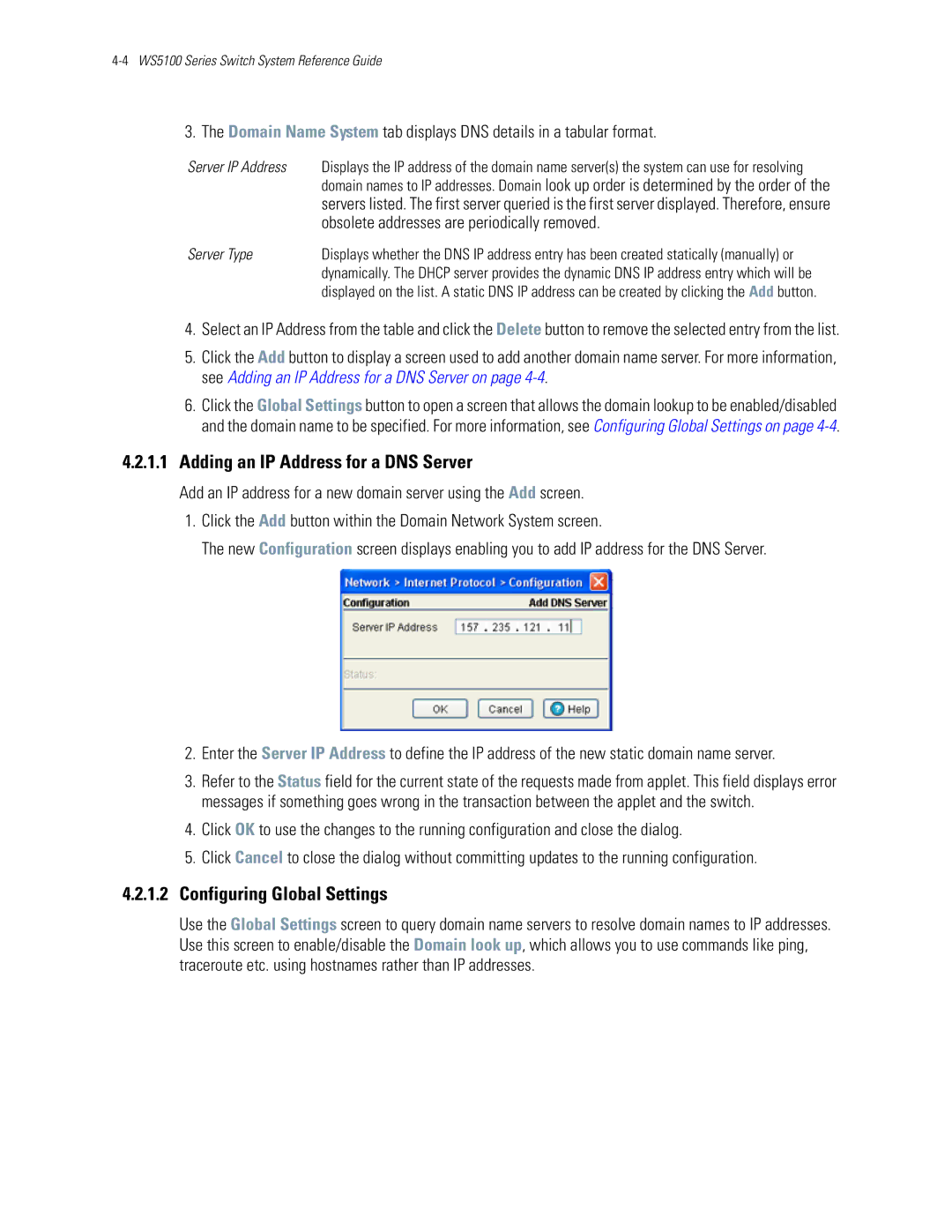 Motorola WS5100 manual Adding an IP Address for a DNS Server, Configuring Global Settings, Server IP Address, Server Type 