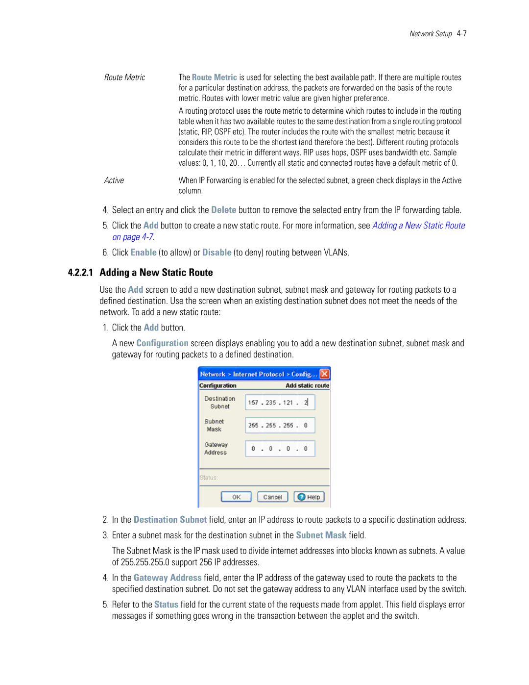 Motorola WS5100 manual Adding a New Static Route, Route Metric, Active 